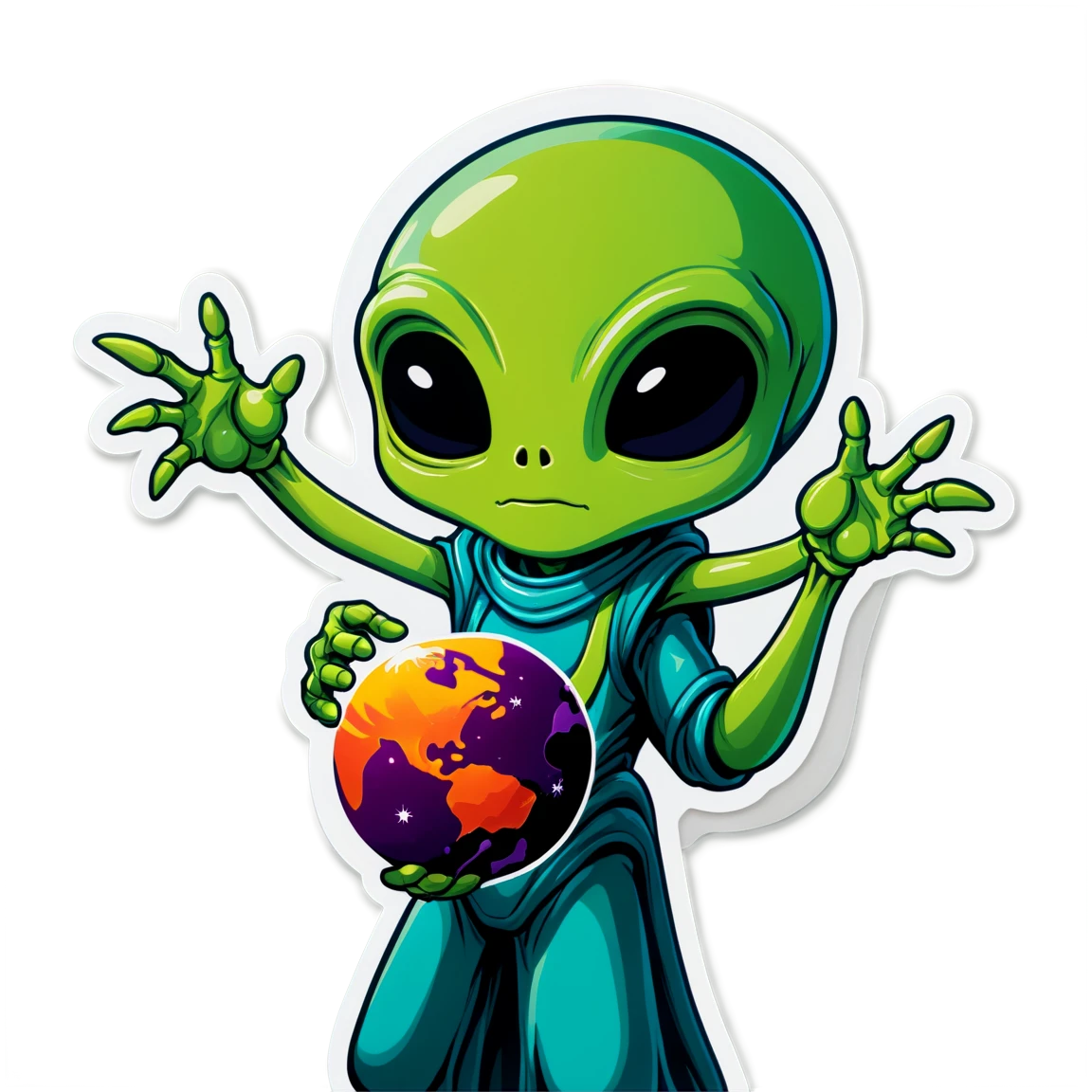 Alien holding a planet, alien sticker