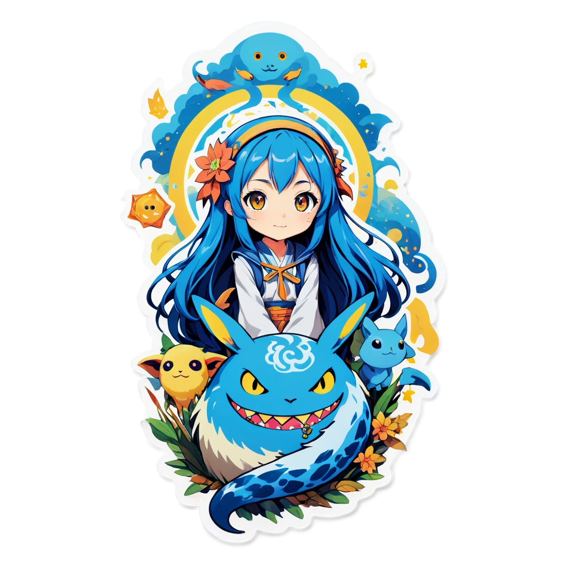 Blue monster sticker, anime girl with her pet monster, blue accent sticker, anime sticker