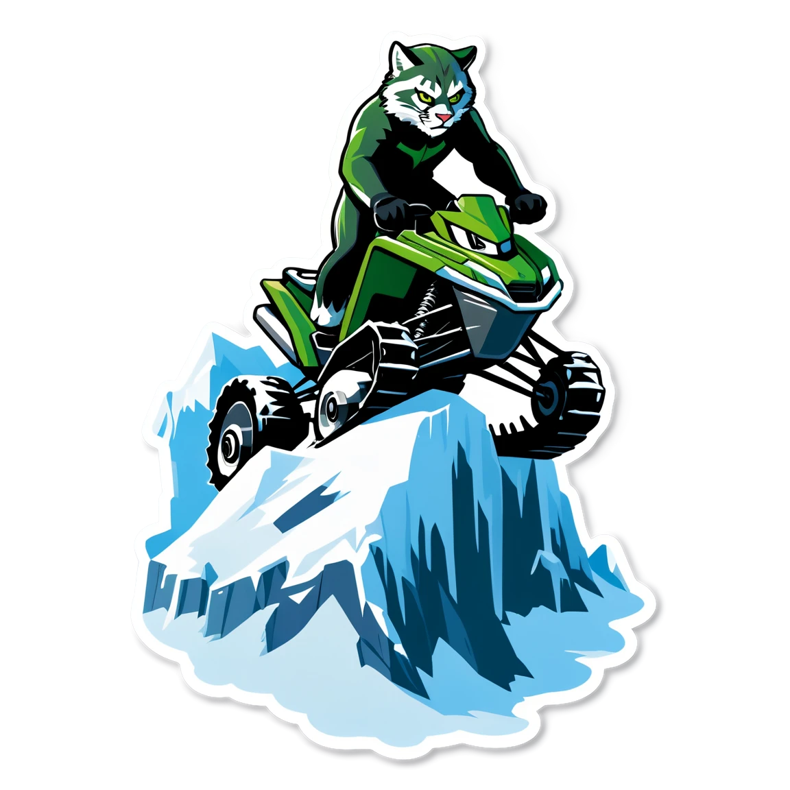 Cat in a snowmobile sticker, green snowmobile, arctic cat sticker