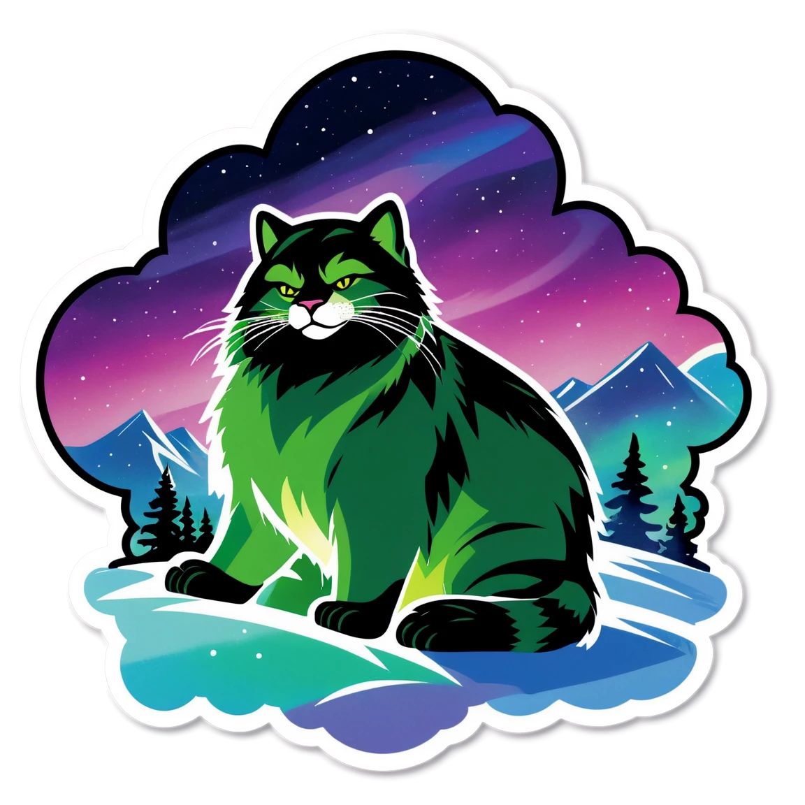 Northern lights scene, green cat sticker, arctic cat sticker