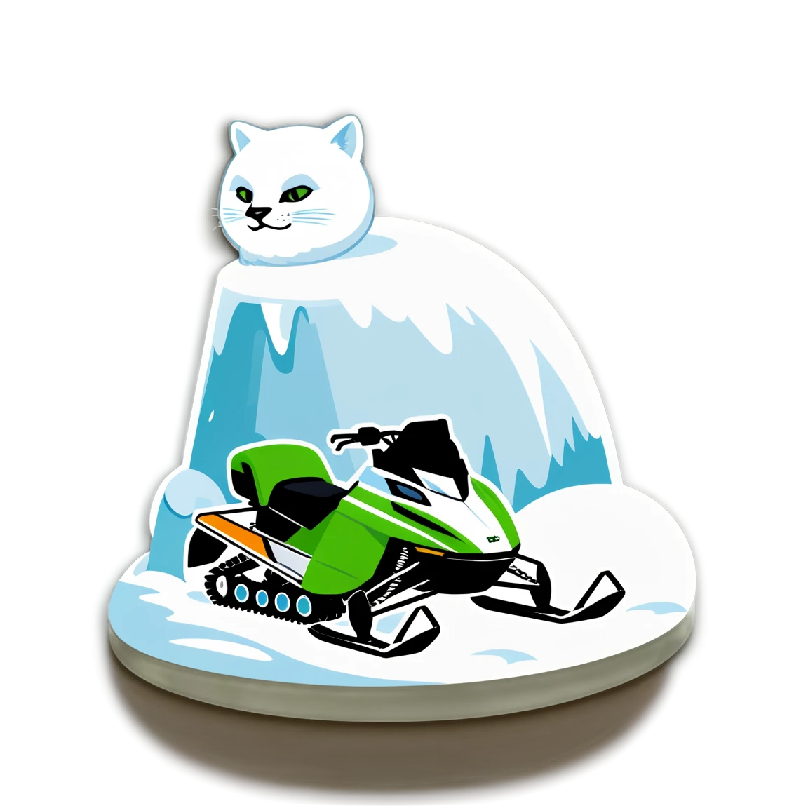 Cat in a snowmobile sticker, green snowmobile, arctic cat sticker