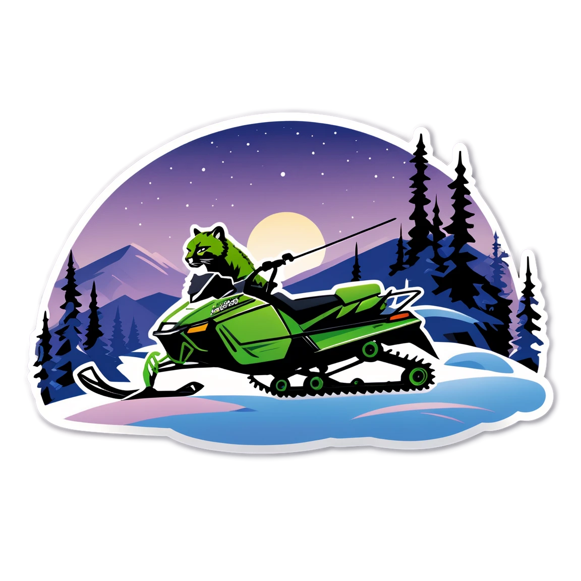 Cat in a snowmobile sticker, green snowmobile, arctic cat sticker