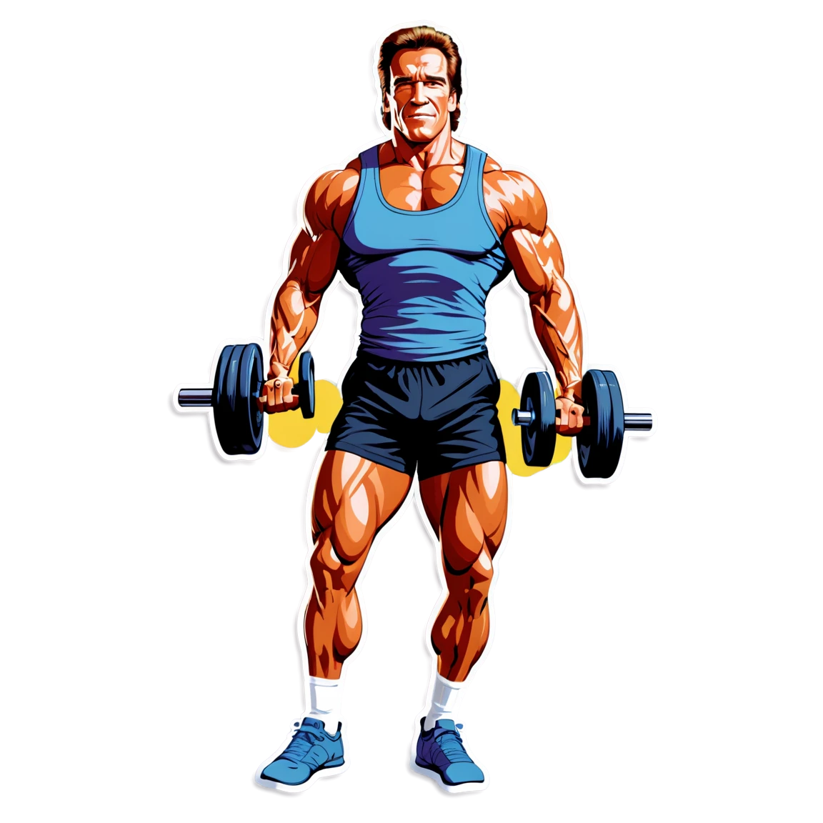 Arnold Schwarzenegger lifting weights, gym theme, Arnold Schwarzenegger sticker