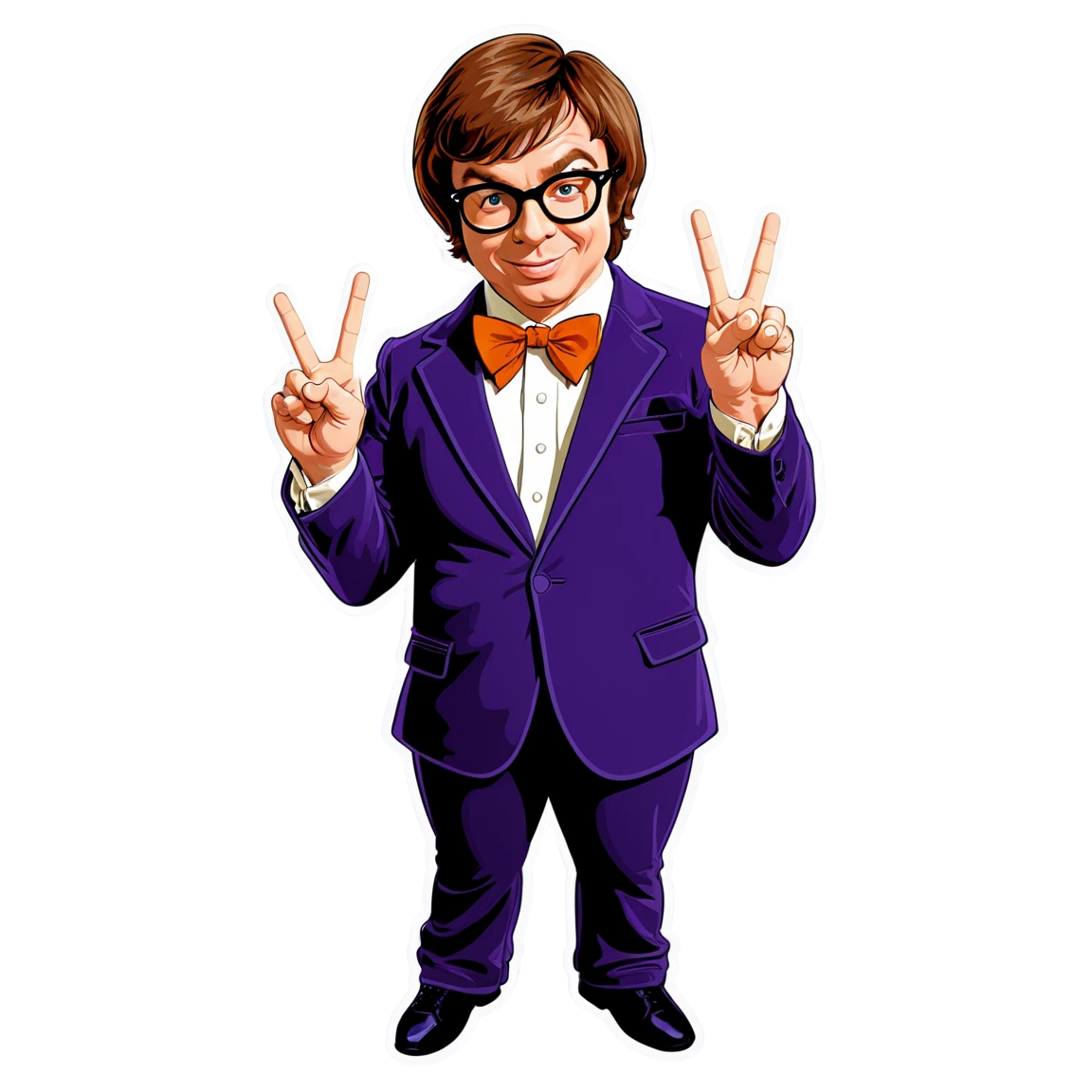 Austin Powers posing with a peace sign, humor sticker, Austin Powers sticker