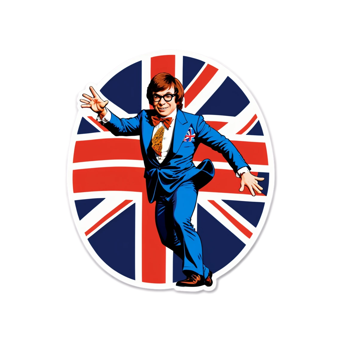 Austin Powers with Union Jack, humor sticker, Austin Powers sticker