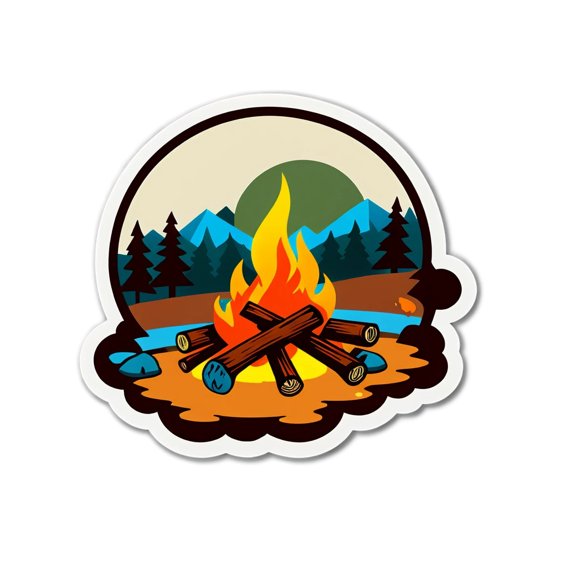 Camping near a campfire, camping sticker