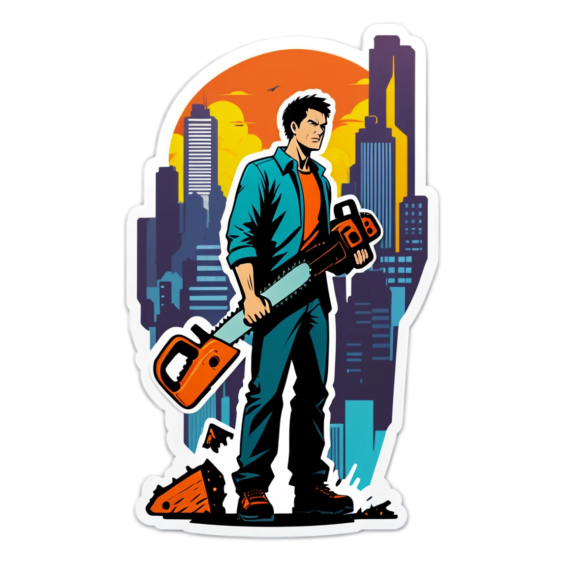 Chainsaw Man in cityscape, Chainsaw Man sticker