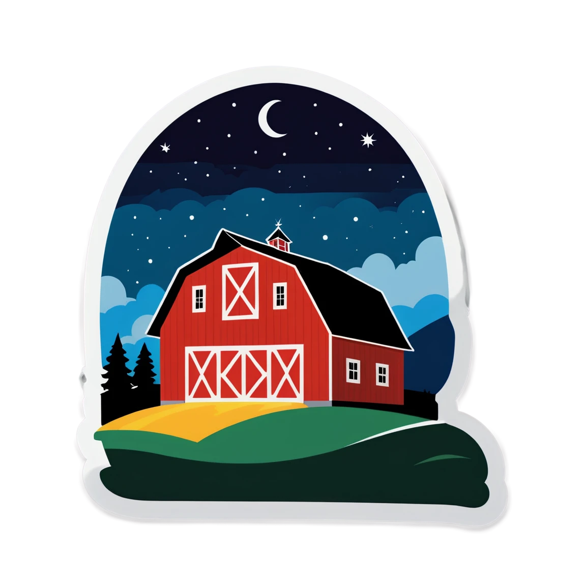 Country sticker with a barn at night