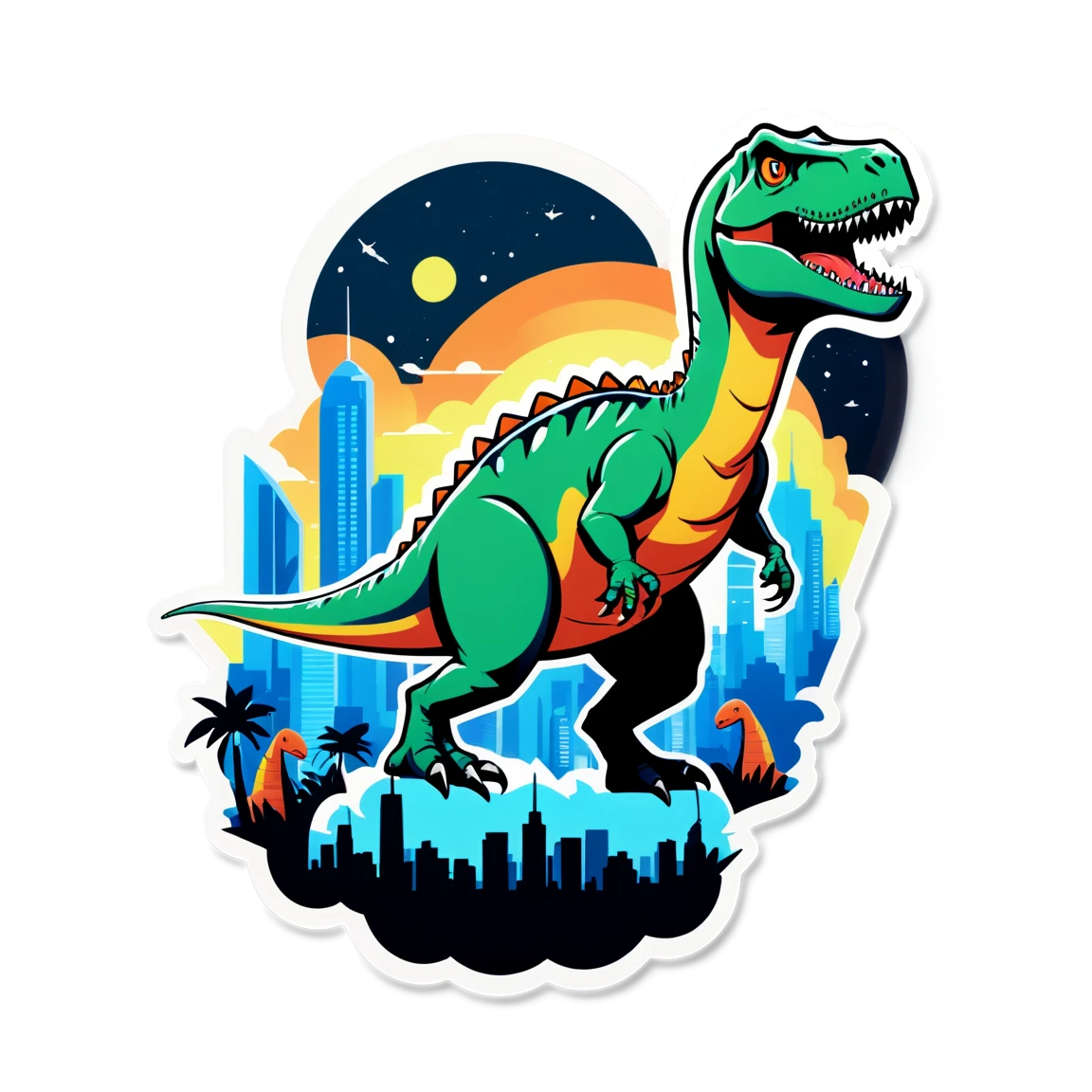 T-rex sticker, dinosaur in the city, animated dinosaur sticker, dinosaur sticker