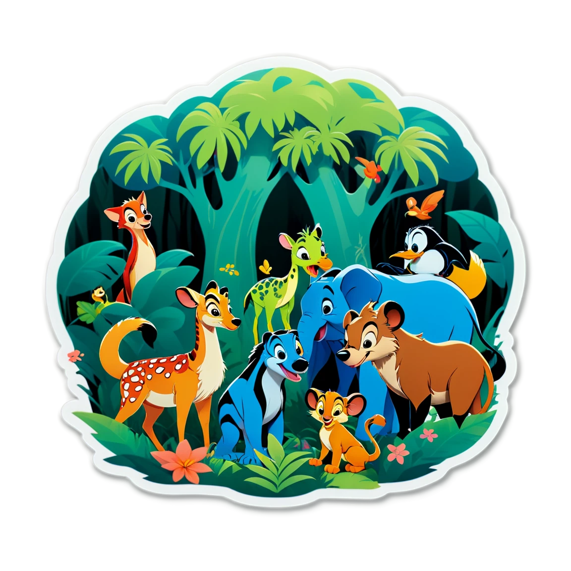 Disney animals in a lush forest