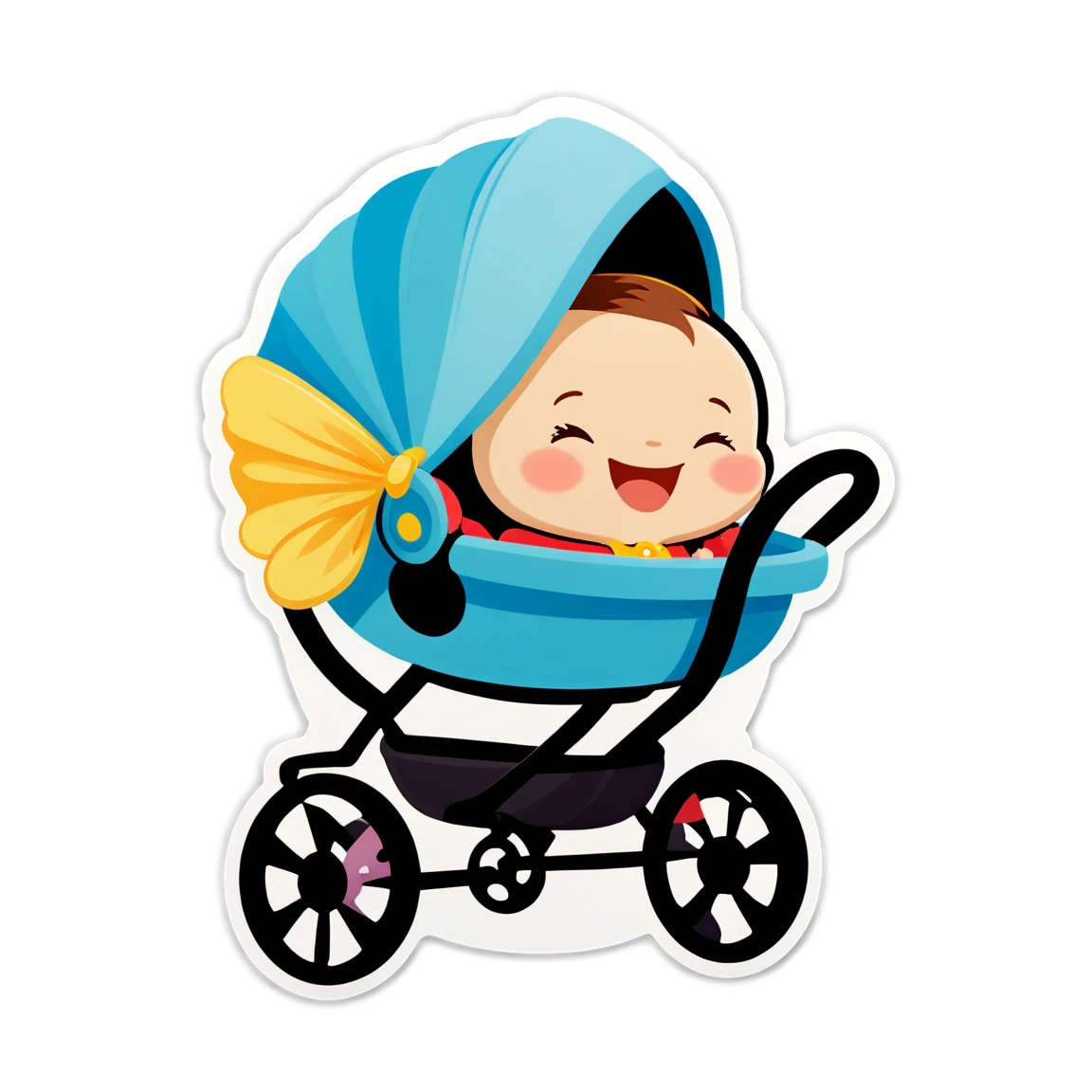 Baby in stroller smiling, family sticker