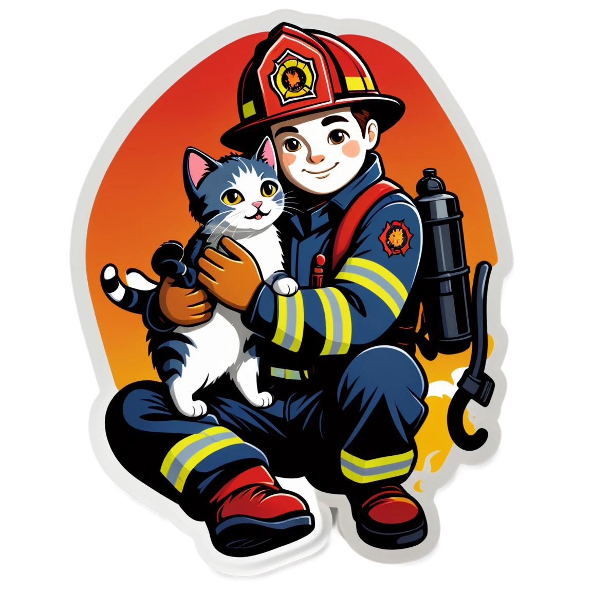 Saving cat, hero firefighter sticker, urban hero, firefighter sticker