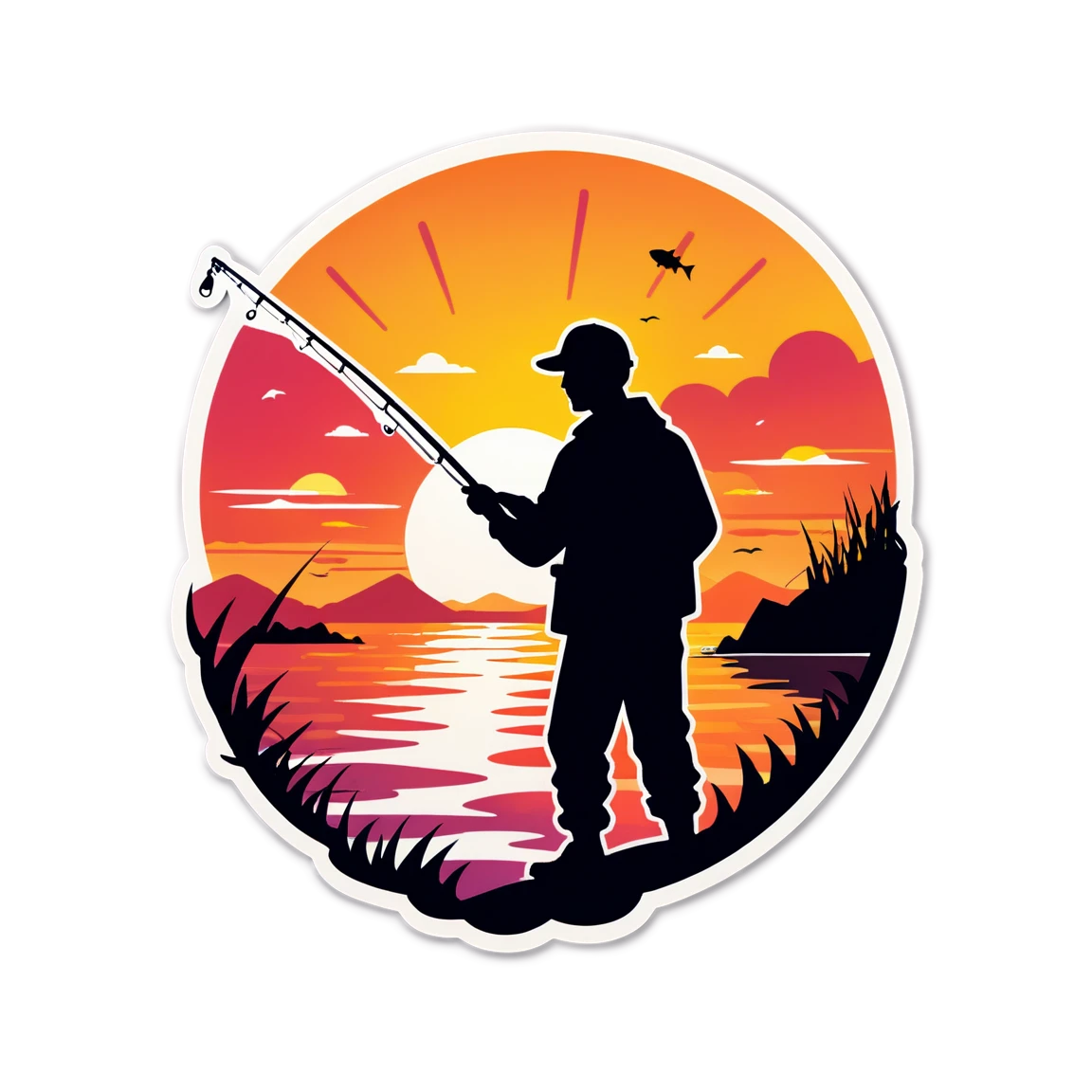 Fishing sticker with sunset background