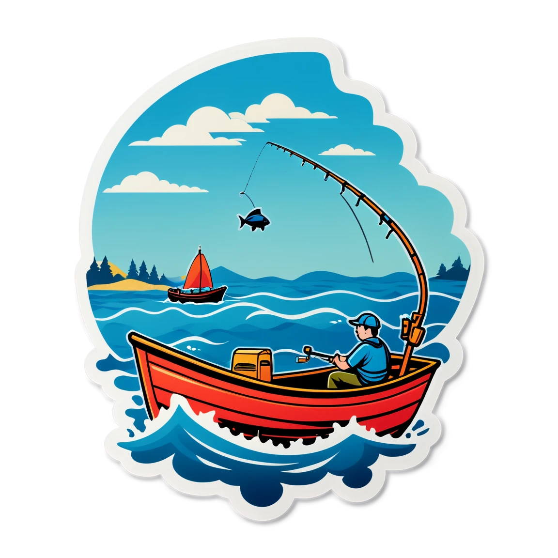 Fishing sticker with a boat