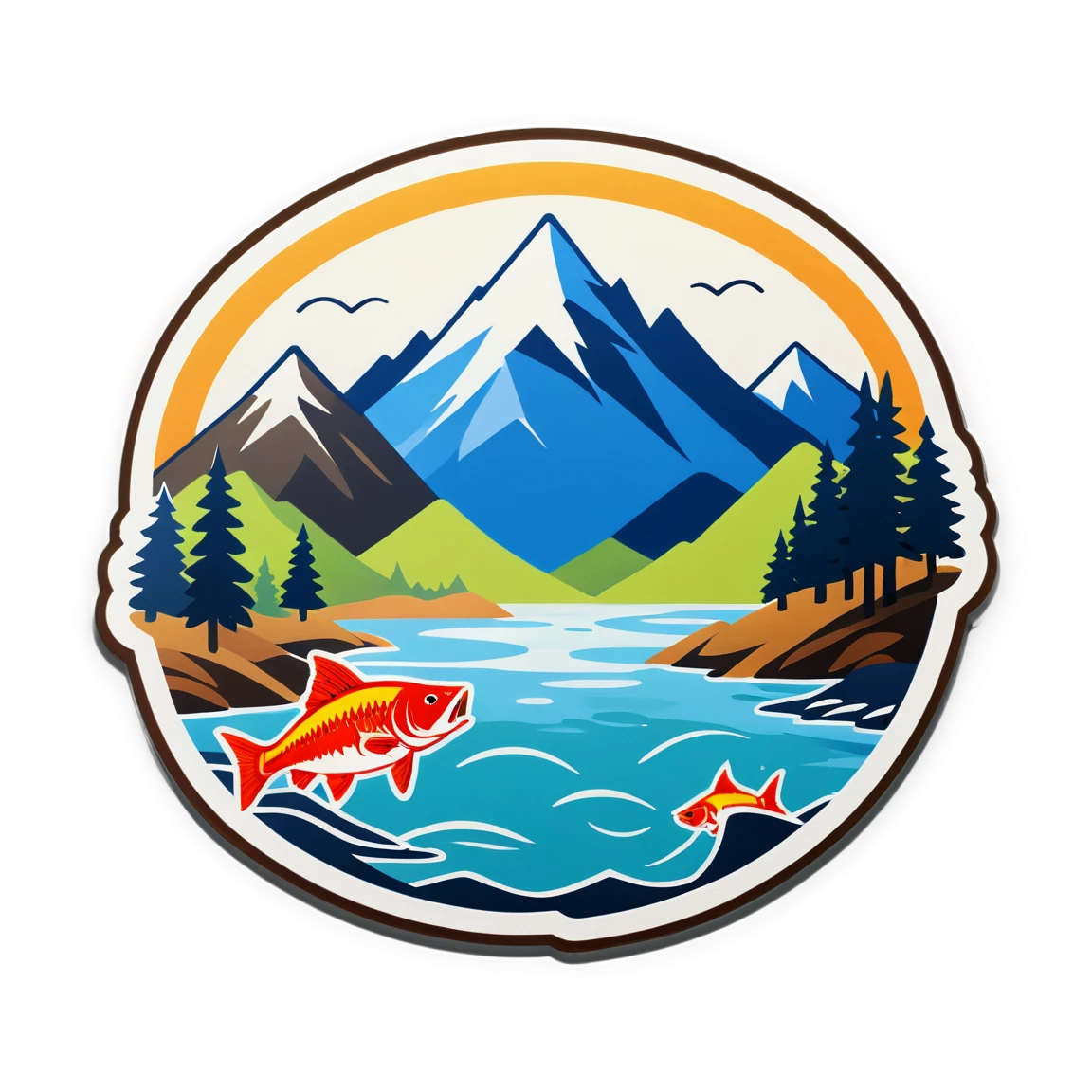 Fishing sticker with mountains