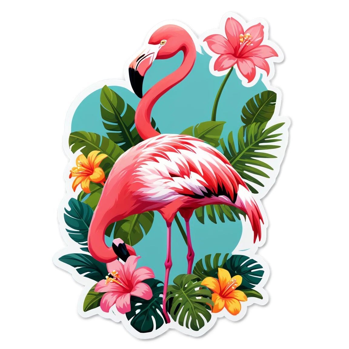 Flamingo with tropical flowers, flamingo sticker