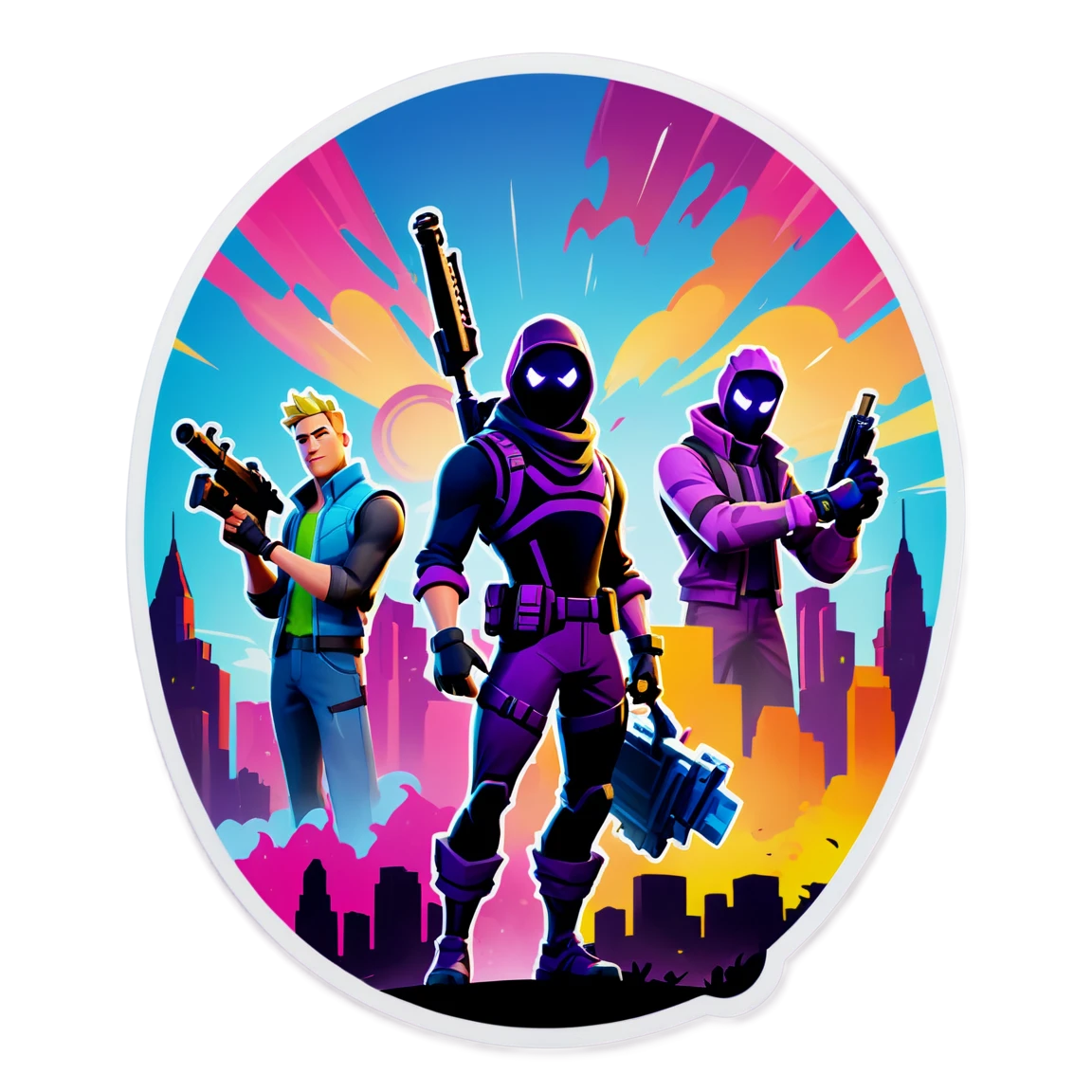 Fortnite sticker in a vibrant cityscape