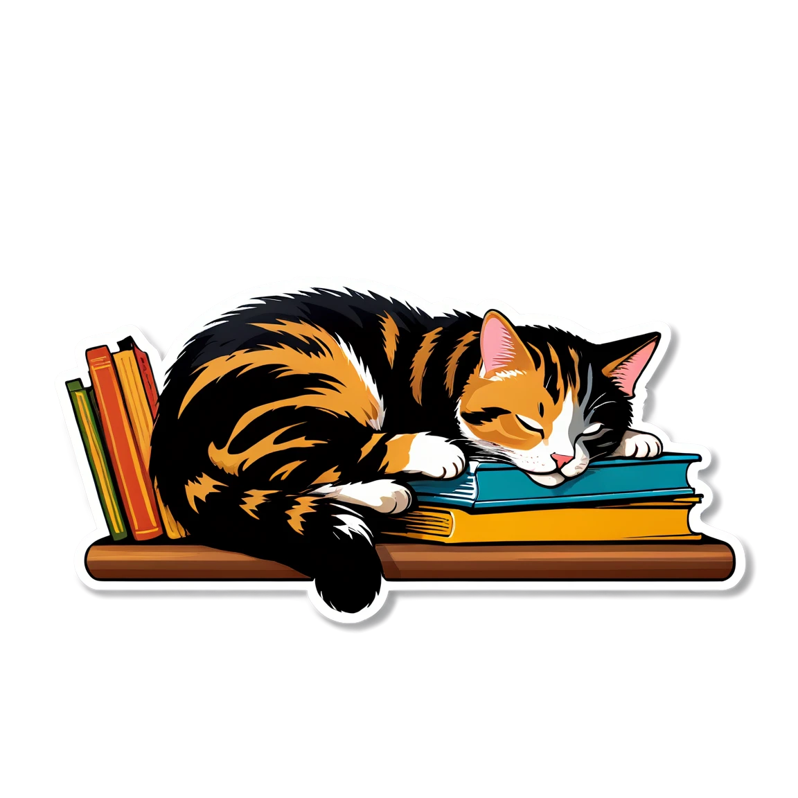 Cat sleeping in a library, orange cat sticker, funny cat sticker