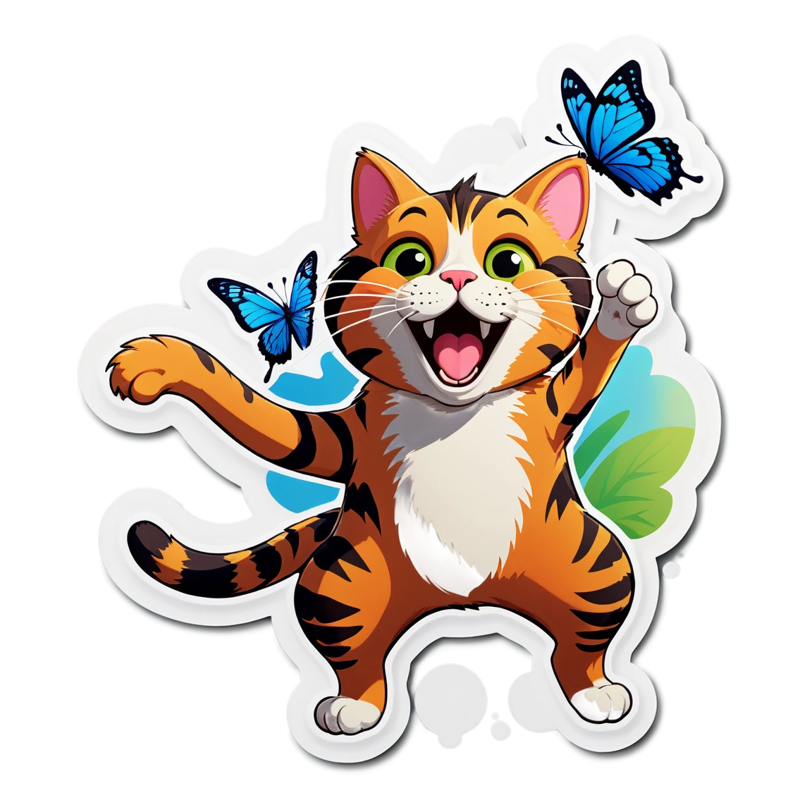 Cat chasing butterflies, orange cat sticker, funny cat sticker