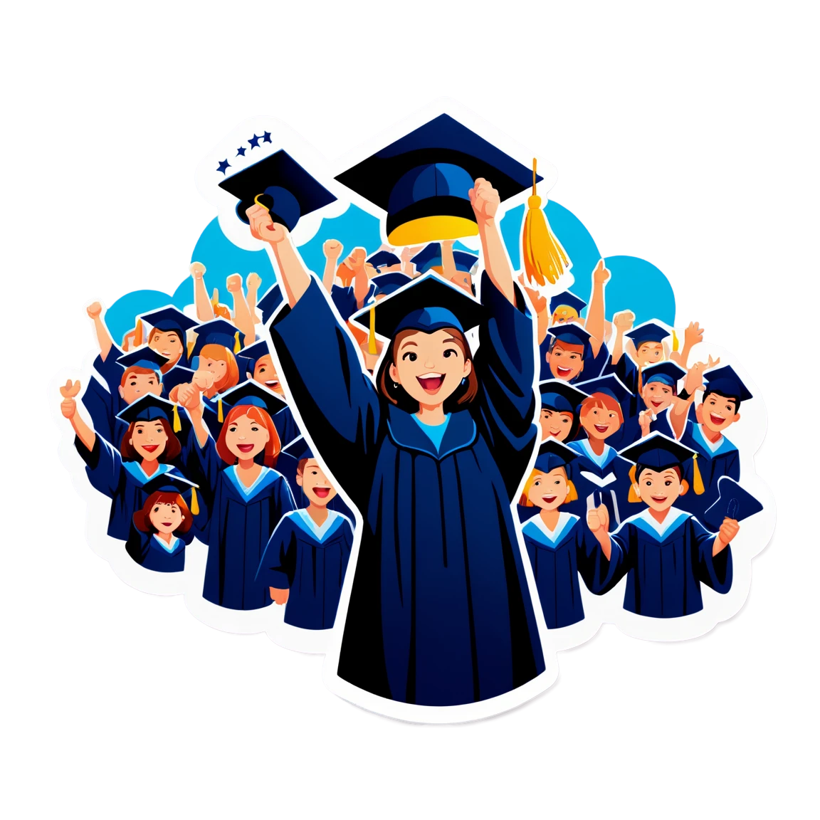 Graduation sticker with a cheering crowd