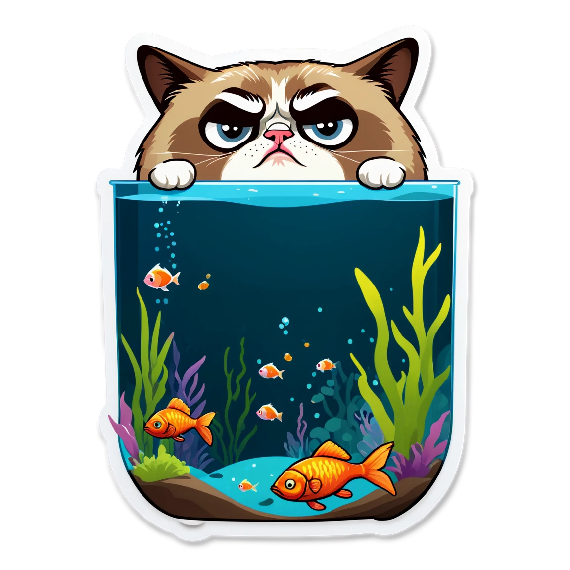 Cat staring at aquarium, persian cat sticker, angry cat sticker, grumpy cat sticker