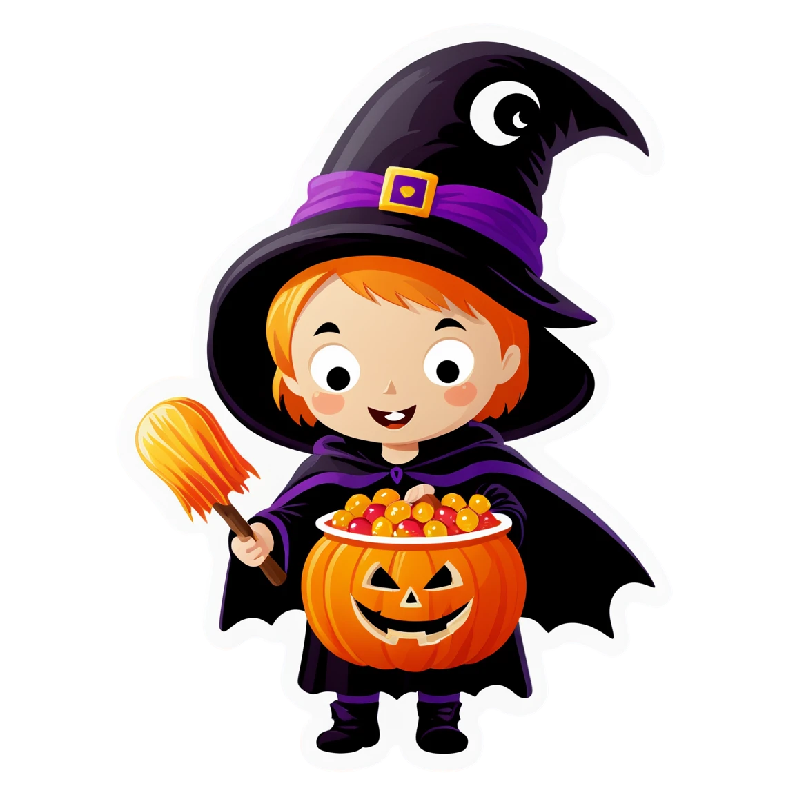 Witch kid costume, scary season sticker, halloween sticker