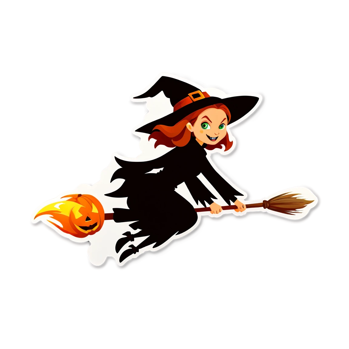 Witch flying in a broom, scary season sticker, halloween sticker