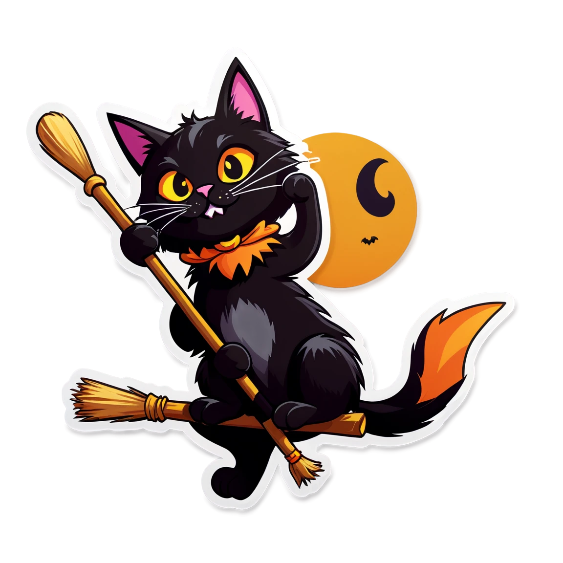 Cat flying in a witch broom, black cat, scary cat sticker, halloween cat sticker