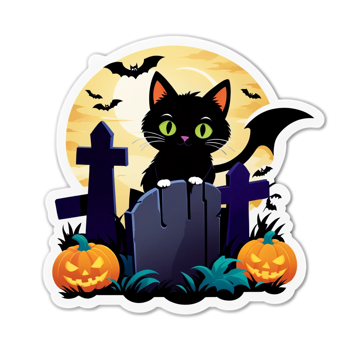 Cat in a graveyard, black cat, scary cat sticker, halloween cat sticker