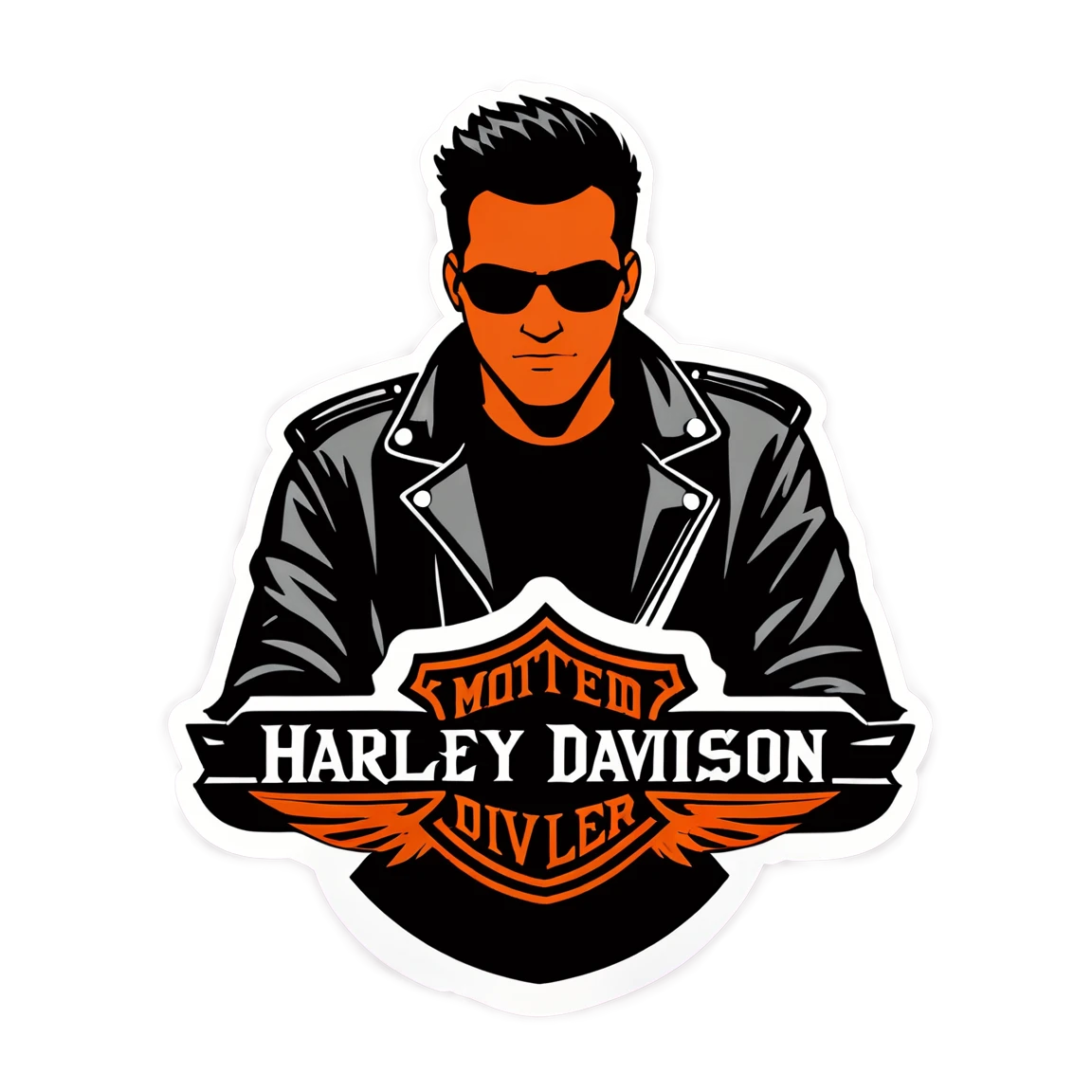 Harley-Davidson with rider wearing helmet, biker sticker, Harley-Davidson sticker