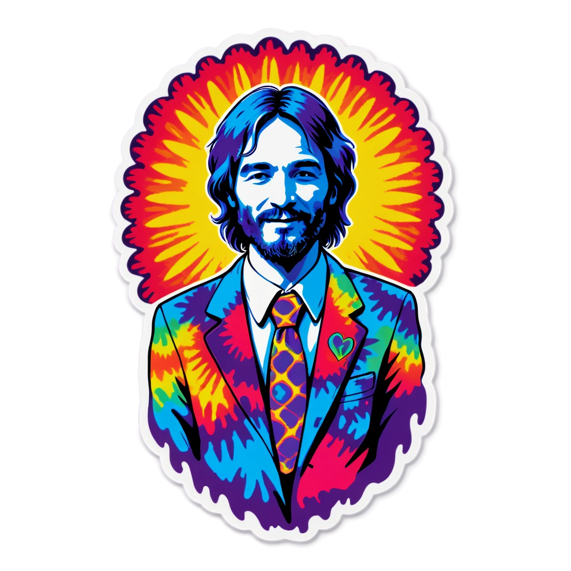 Hippie wearing tie-dye, peace and love stickers