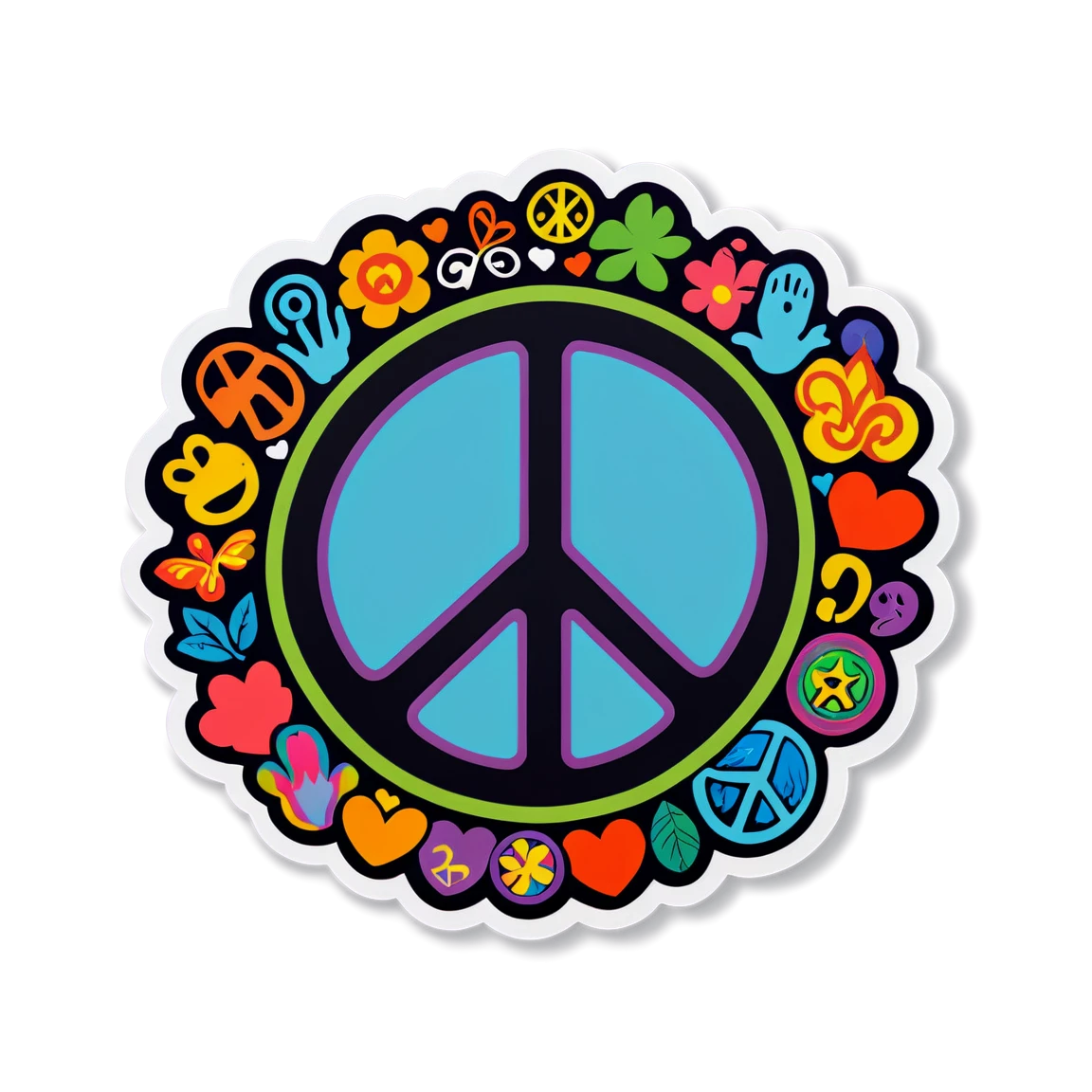 Hippie with peace and love symbols, unity stickers