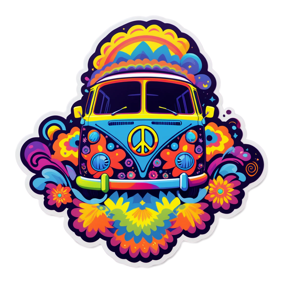 Hippie with psychedelic patterns, colorful stickers