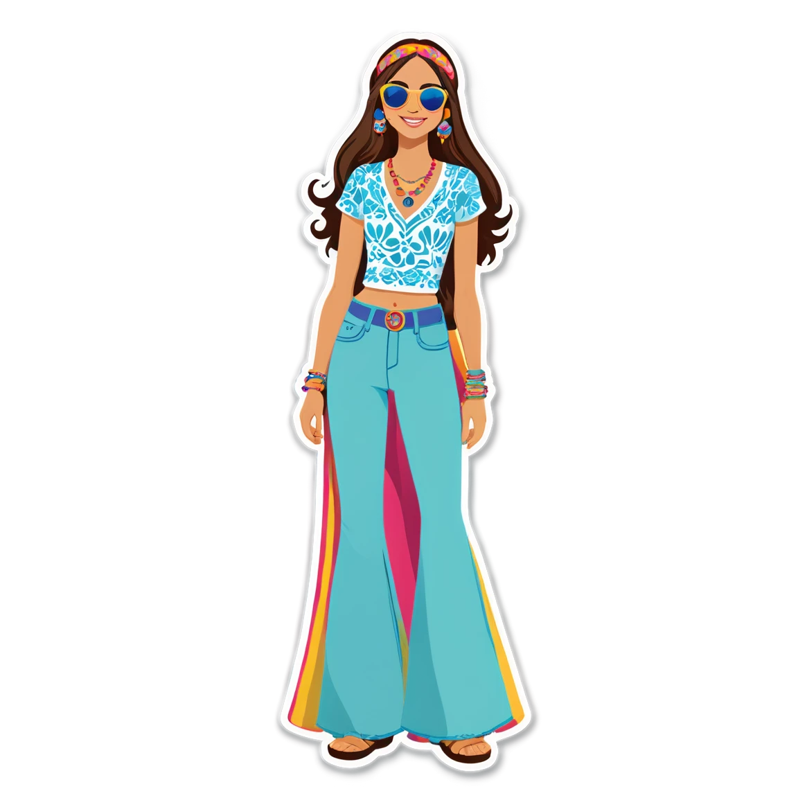 Hippie wearing bell-bottoms, vibrant color stickers