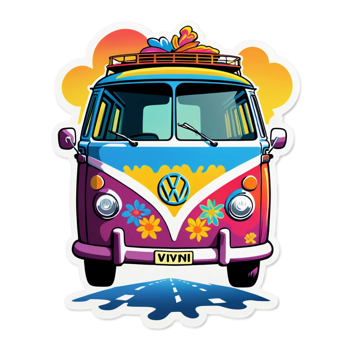 Hippie in a VW van, road trip stickers