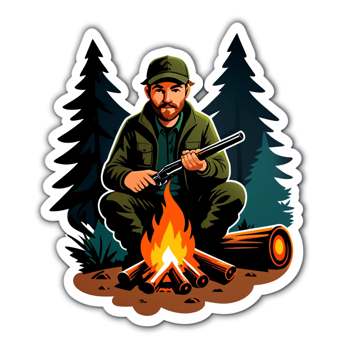 Hunting by a campfire, hunter sticker, hunting sticker