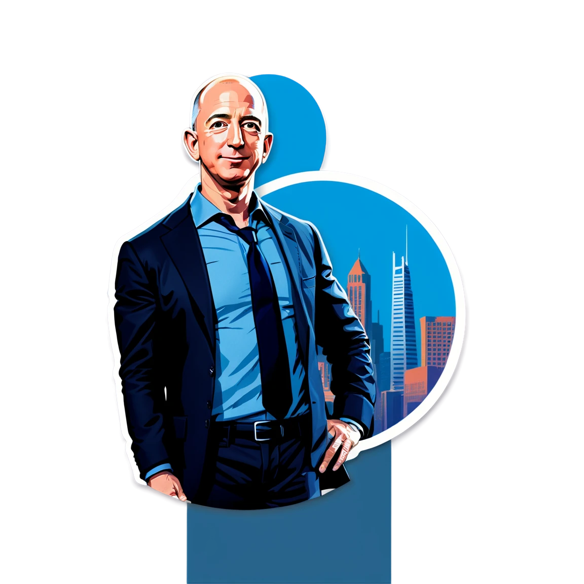 Jeff Bezos with city backdrop, entrepreneur sticker, Jeff Bezos sticker