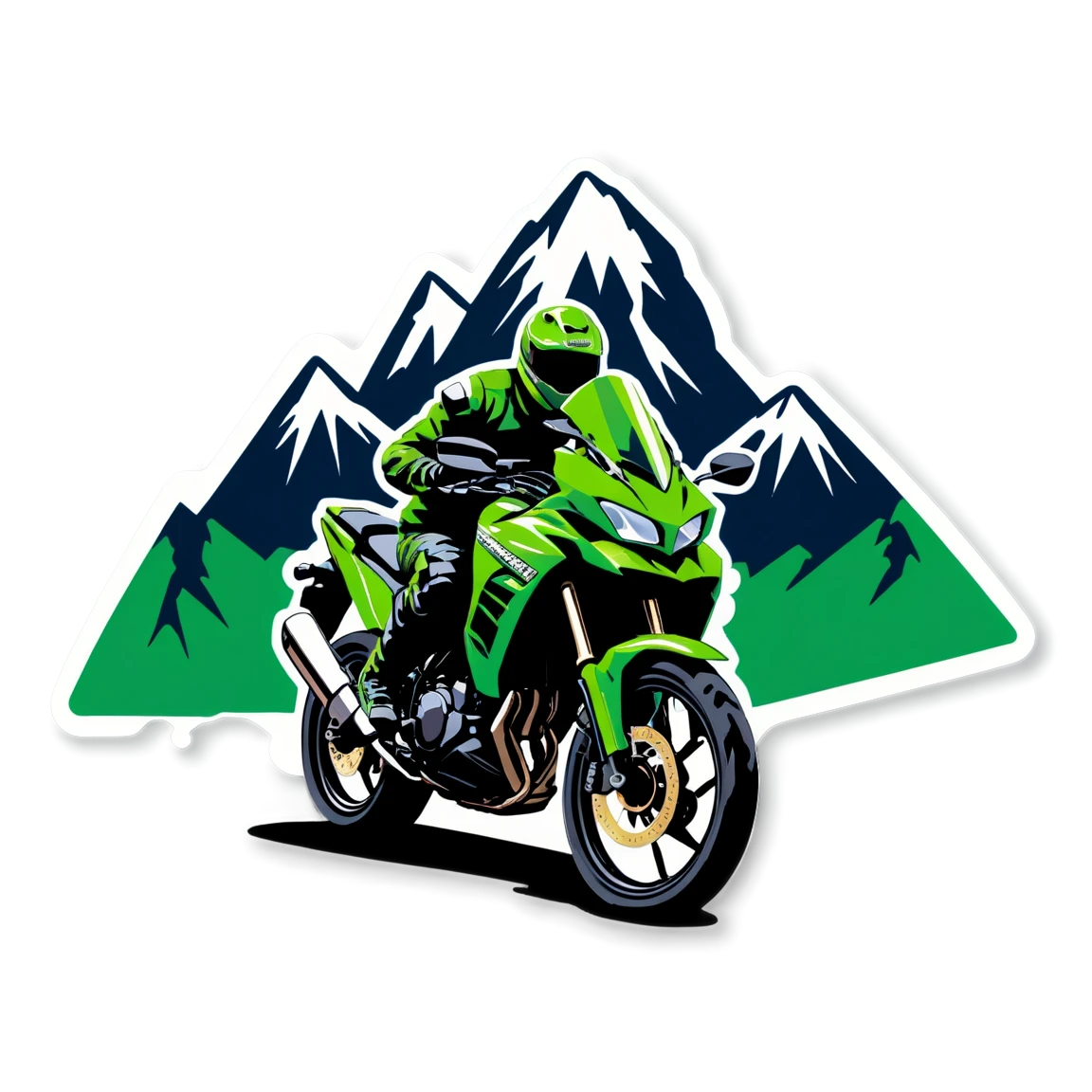 Kawasaki in mountains, motorcycle sticker, Kawasaki sticker