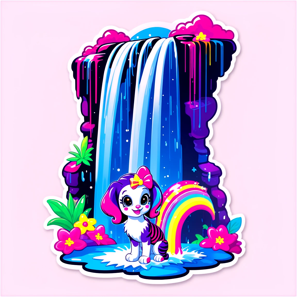 Lisa Frank next to a magic waterfall