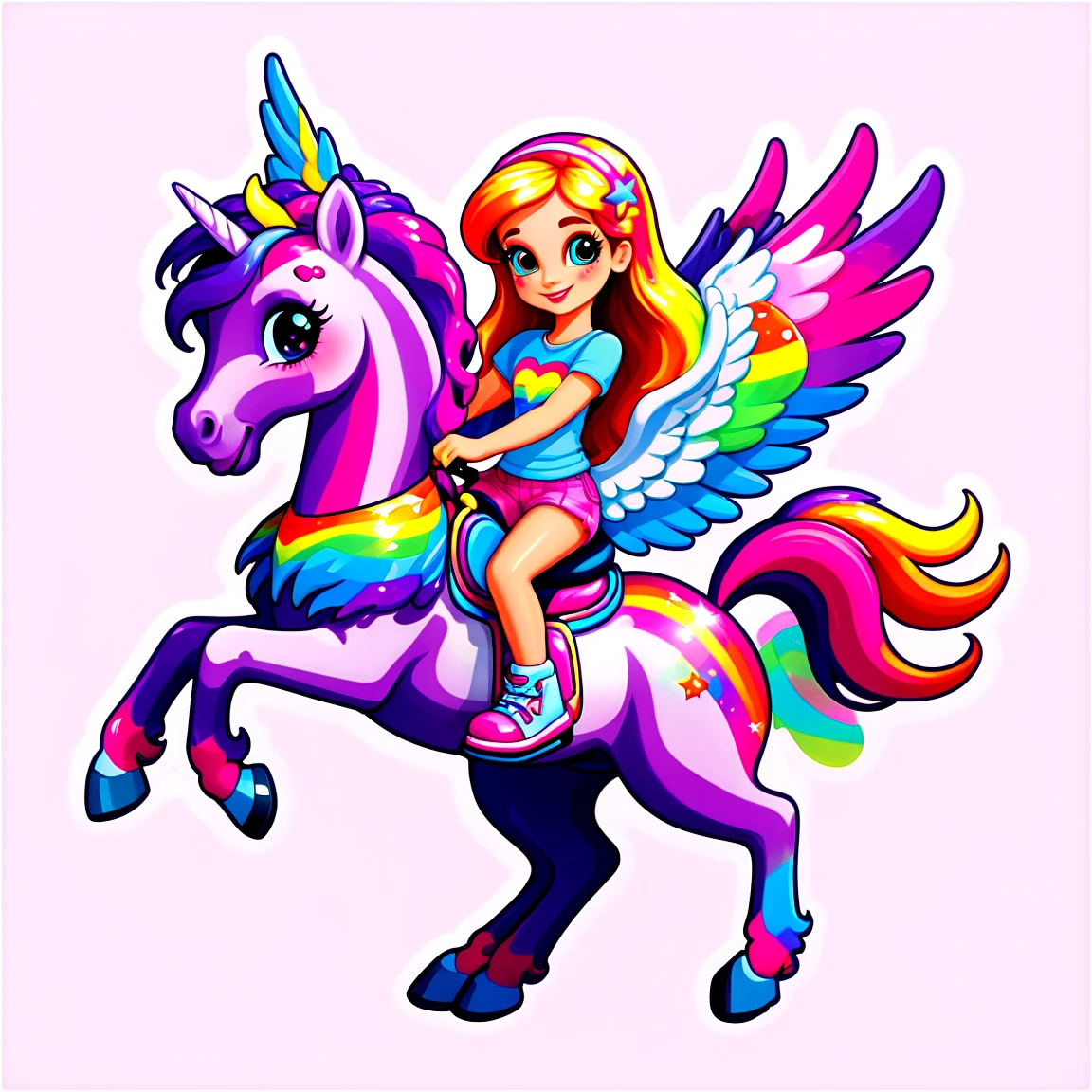 Lisa Frank riding a pastel pegasus