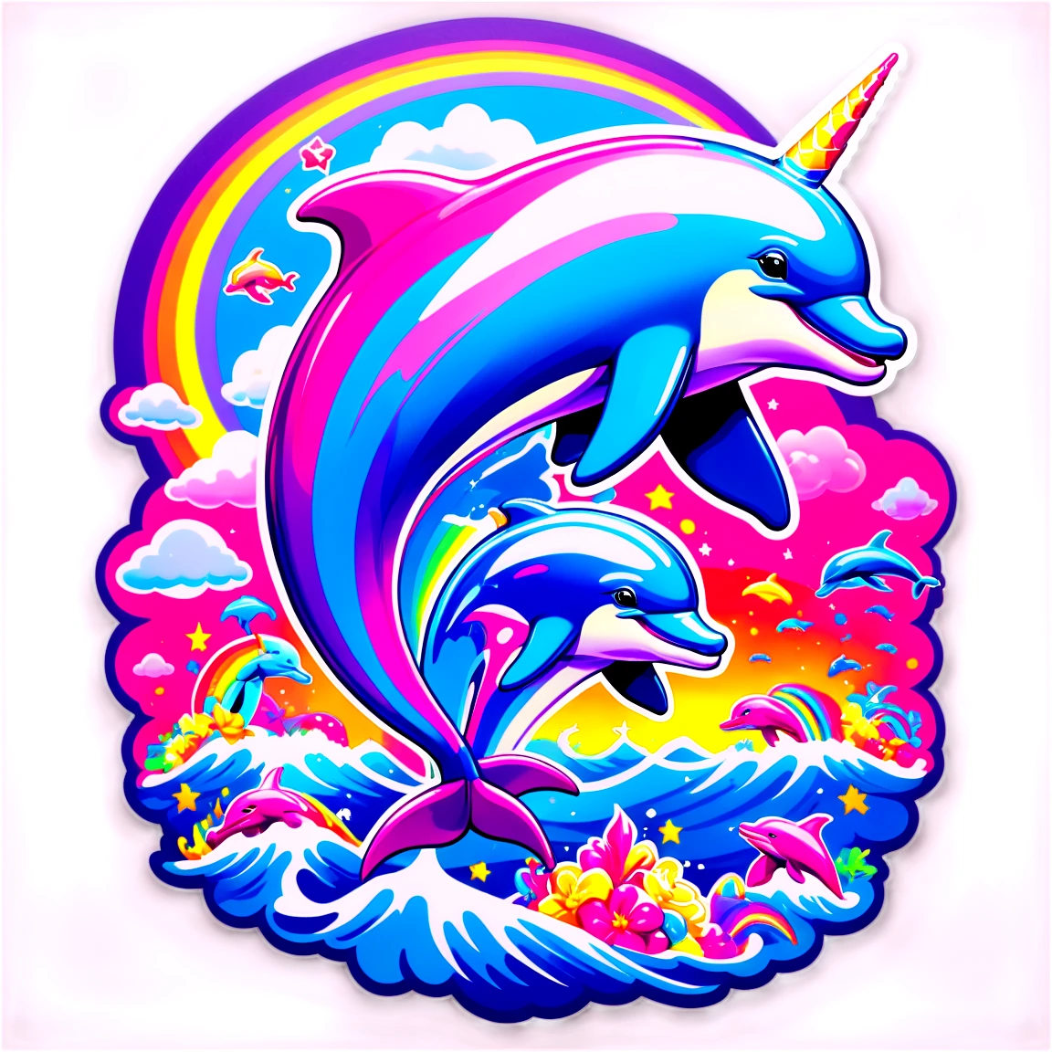 Lisa Frank with unicorns and dolphins