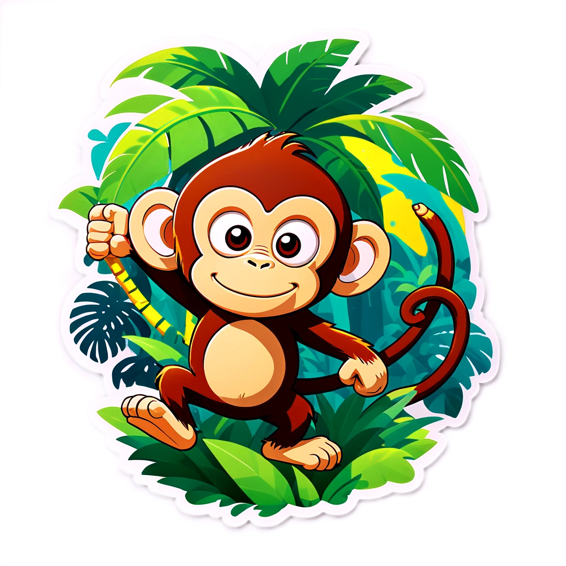 Monkey sticker playing in the jungle