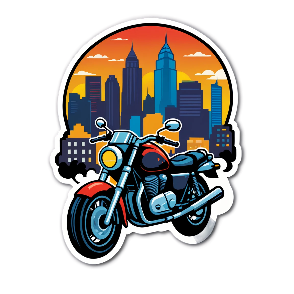 Motorcycle sticker in a cityscape