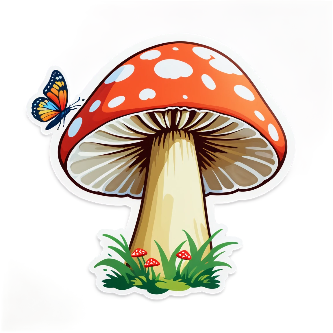 Butterfly and mushroom, red mushroom sticker, mushroom sticker