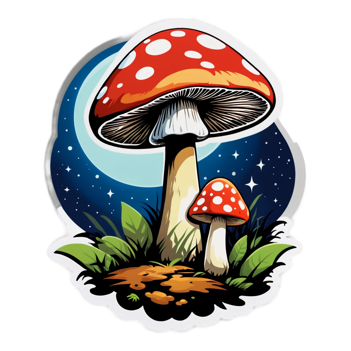 Mushrooms in the night sky, red mushroom sticker, mushroom sticker