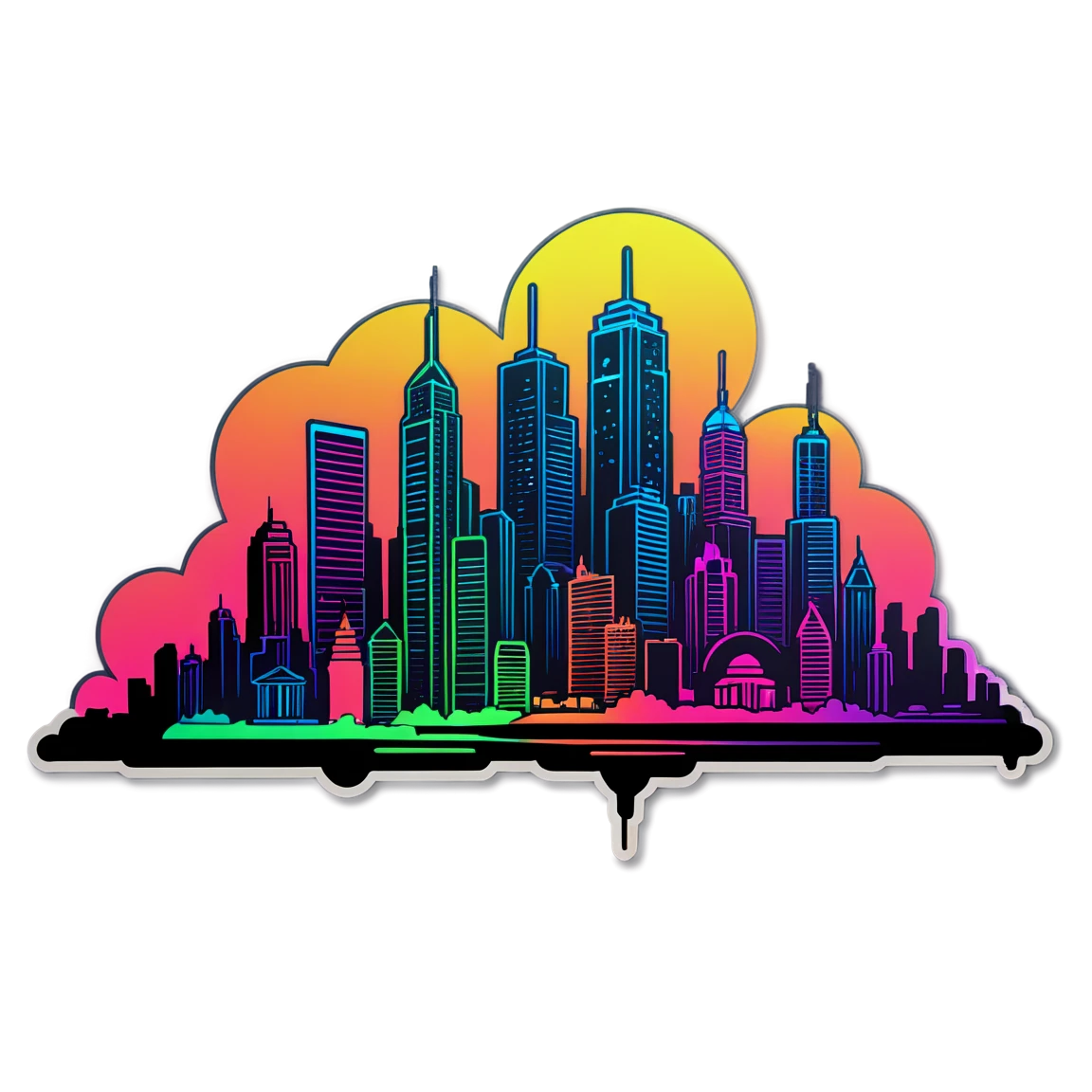 City silhouette, neon sticker, neon colored sticker