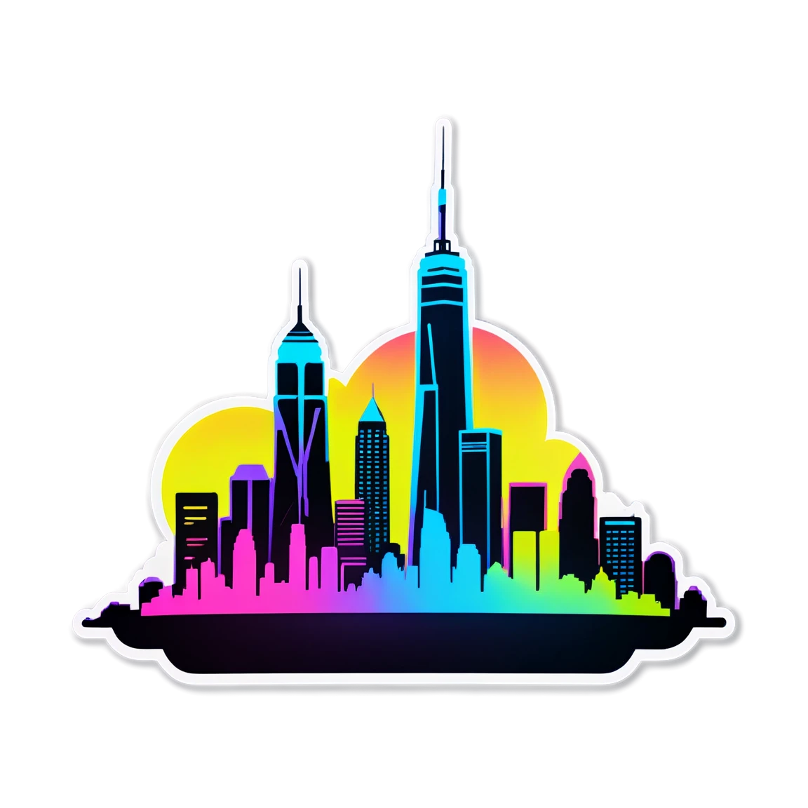 City silhouette, neon sticker, neon colored sticker