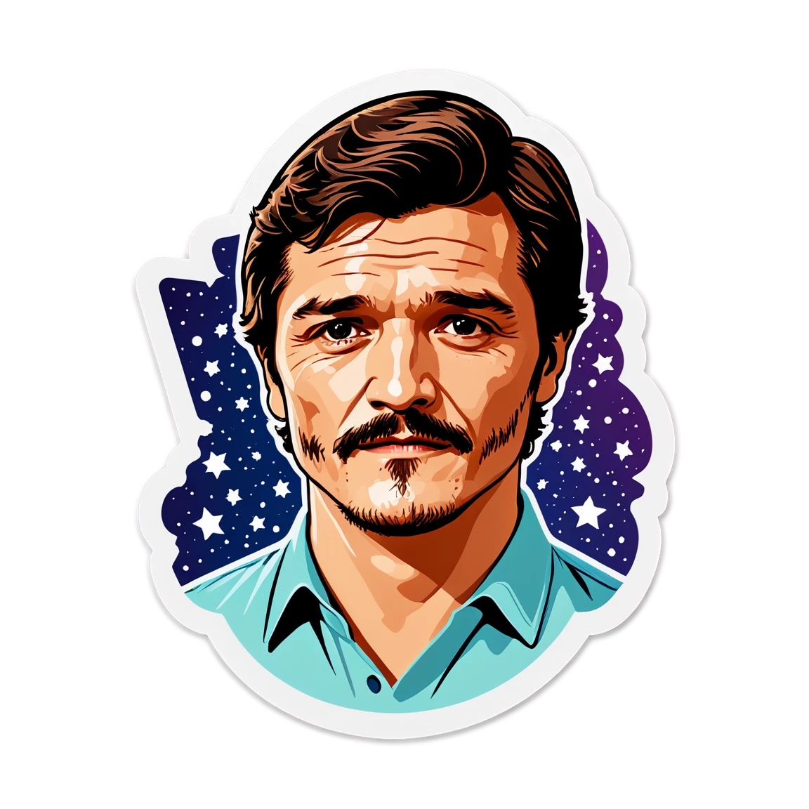 Pedro Pascal with a background of stars, sticker