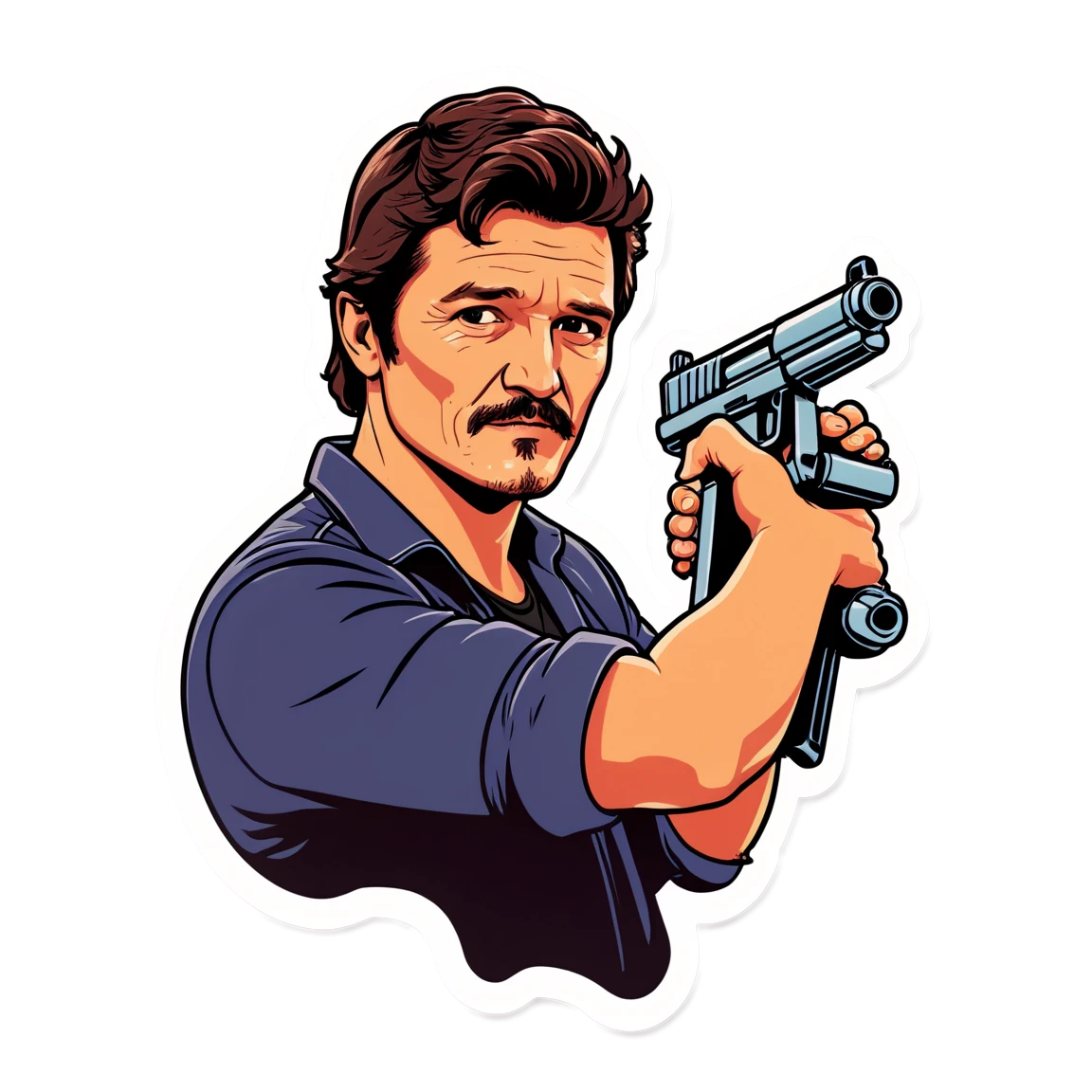 Pedro Pascal holding a blaster, sticker