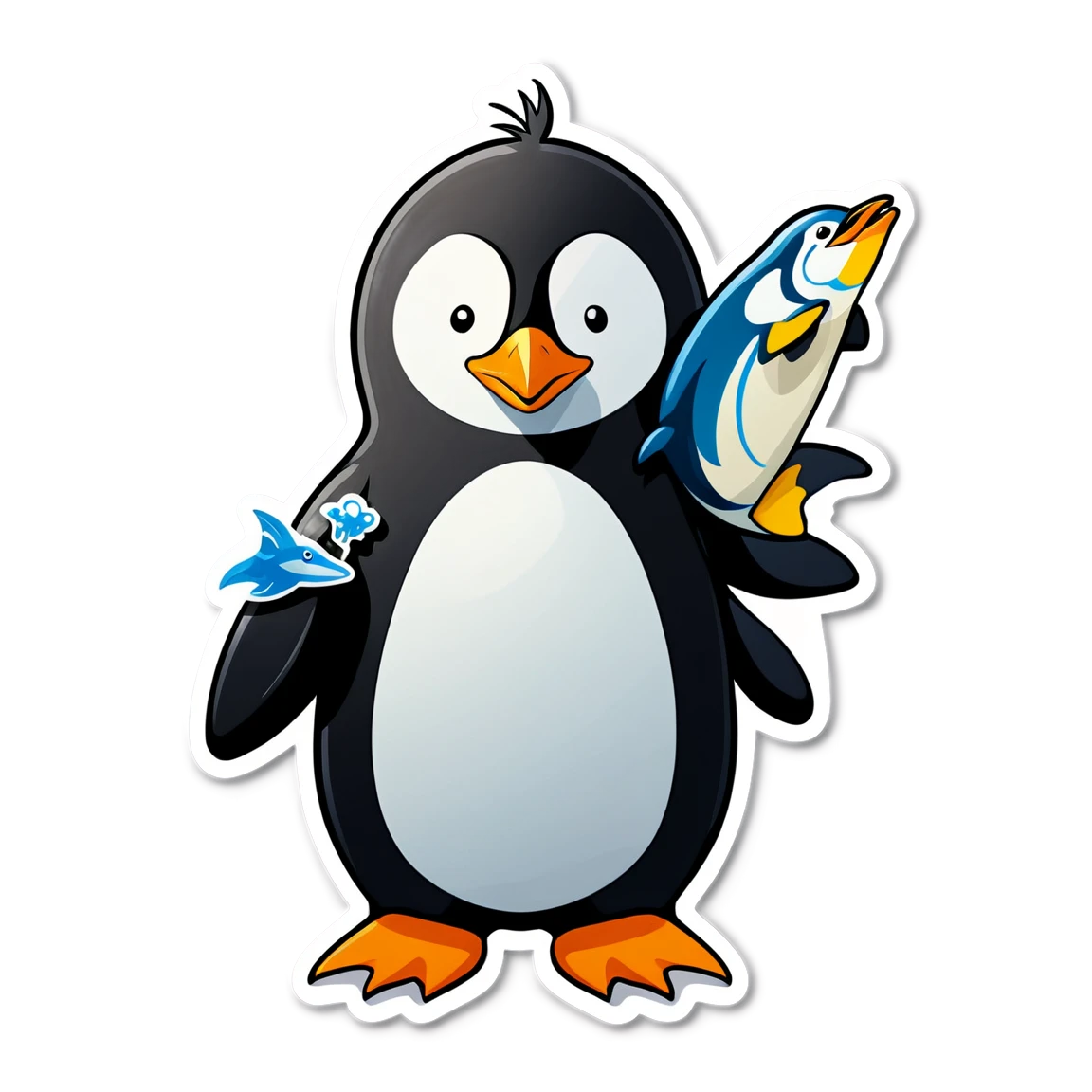 Penguin holding fish, animal sticker, Penguin sticker